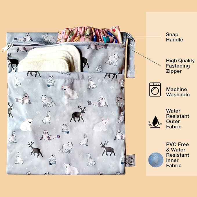Waterproof and Reusable Wet Bag Diaper Stroller Water Resistant Swimsuit Travel Toiletries Yoga Gym Washable Carrier Small Medium Large Winter Animal 4 Pack