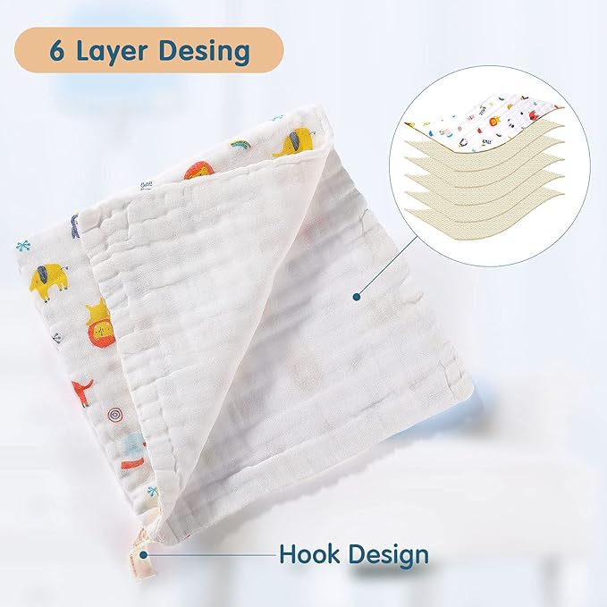 Tatuo 10 Pack Muslin Baby Burp Cloth Soft Washcloths 20'' x 10'' 6 Layer Soft Absorbent Newborn Rags Towel for Baby Shower Boys Girls Machine Washable for Sensitive Skin(Animal Pattern)