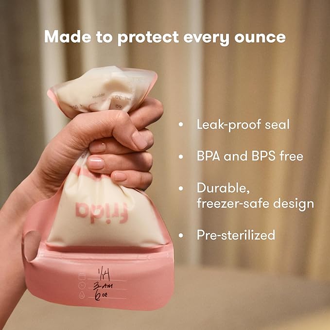 Frida Mom Breastmilk Storage Bags, 50ct Standard Freeze & Thaw Milk Bags for Breastmilk, Leakproof Seal, Perfect Pour Spout, Precise Portions, No Slip Finger Grip, BPA Free, 6oz Bag