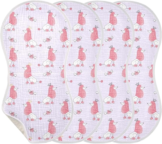 Muslin Burp Cloths for Baby Boys and Girls - 4-Pack Ultra Absorbent Cute Poodles Dog Muslin Washcloths, Newborn Towel, Milk Spit Up Rags, Burp Cloth Bib for Unisex, 22 x 11 Inch