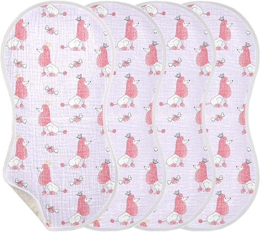 Muslin Burp Cloths for Baby Boys and Girls - 4-Pack Ultra Absorbent Cute Poodles Dog Muslin Washcloths, Newborn Towel, Milk Spit Up Rags, Burp Cloth Bib for Unisex, 22 x 11 Inch