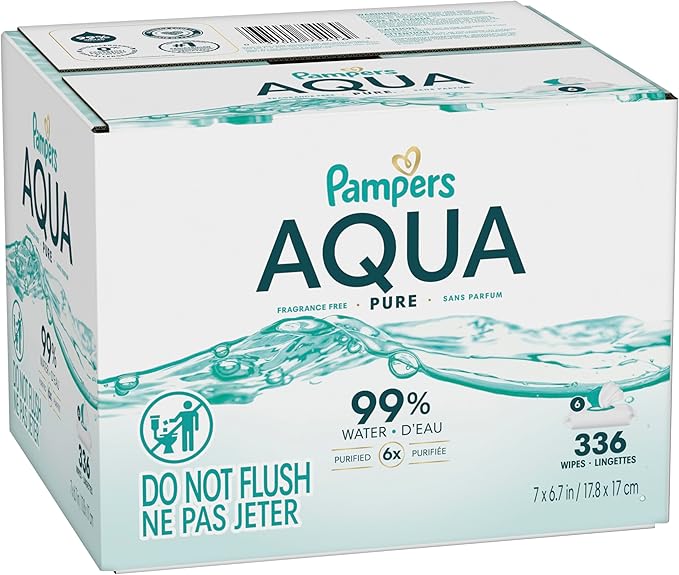 Pampers Aqua Pure Baby Wipes, 99% Water, Fragrance Free, 336 Baby Wipes Total (6X Flip-Top Packs) [Packaging May Vary]