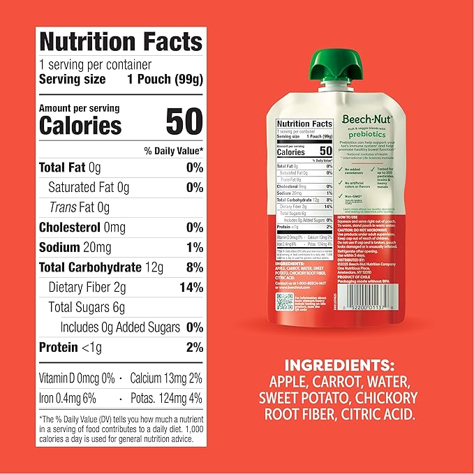 Beech-Nut Baby & Toddler Food Pouches Variety Pack, Protein & Fiber/Iron & Zinc/Prebiotic Fiber Fruit & Veggie Purees, 3.5 oz (18 Pack)
