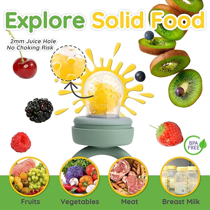 Silicone Baby Fruit Feeder & Freezer Tray Set, Breast Milk Popsicle Mold, BPA Free for 3+ Months, Includes Silicone Pouches (Sage)