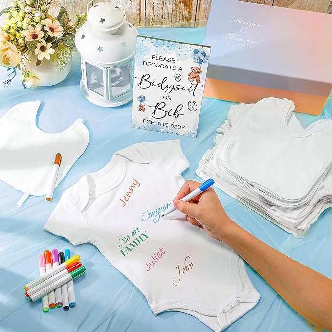Roowest 35 Pcs Baby Shower Bibs Games Design Wooden Baby Shower Party Game Sign DIY Bodysuit Sign 15 White Blank Bibs 9 Bodysuit 10 Markers for Party Supplies(Bear)