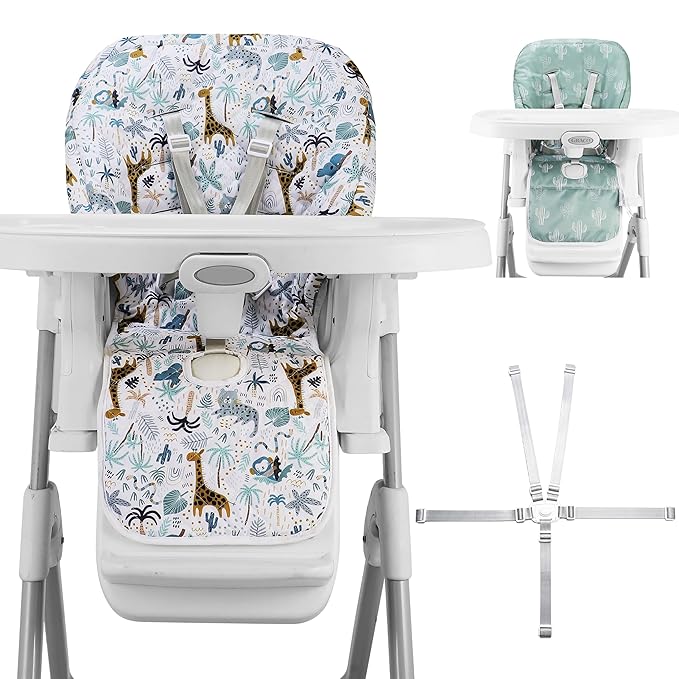 Baby High Chair Cover Replacement, Reversible & Waterproof High Chair Cushion Pad Home & Restaurant use, Includes 5-Point Harness Strap, Chair Not Included - Green