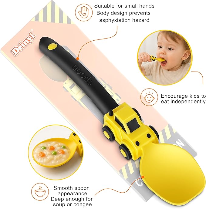 Deinyi Construction Toddler Utensils - Toddler Forks and Spoons - Kids Construction Toys Utensils - Forks and Spoons Silverware Set - Easter Birthday for 1 2 3 4 5 year old, Yellow