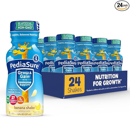 PediaSure Grow & Gain with Immune Support, 27 Vitamins & Minerals for Kids, 7g Protein, Non-GMO, Gluten-Free, Banana, 8-fl-oz Bottle, Pack of 24