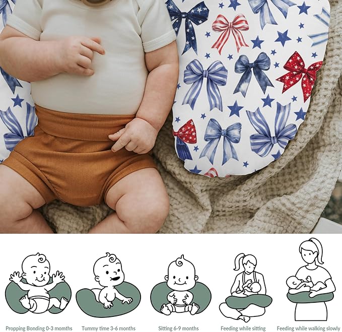 Red White & Blue Bows Nursing Pillow Covers for Boy Girl Patriotic Ribbons Stars Nursing Slipcovers for Breastfeeding Pillows Cute 4th of July Party Soft Stretchy Removable Cover for Newborn Infant