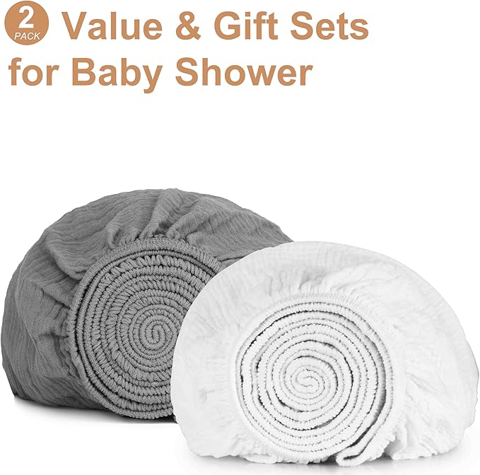 2 Pack Muslin Fitted Crib Sheets for Baby Girls & Boys-Neutral Breathable Crib Mattress Protector for Standard Crib Mattress(28"x 52")-Soft No Slip Cotton Toddler Bedding-Gray & White