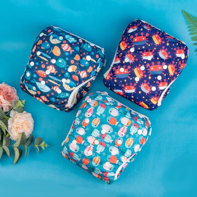 Babygoal Baby Boy Swim Diapers 3 Pack for 8M-3T Babies and Toddlers, Reusable Adjustable Washable for Swimming Lessons-Crab,Fish,Starfish