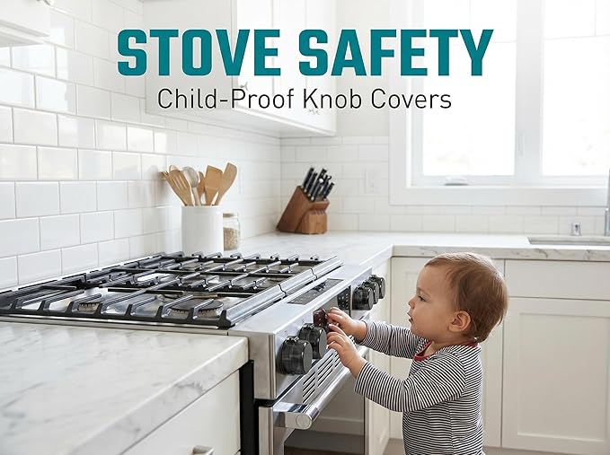 Stove Knob Covers for Child Safety, Black Gas Range Protectors for Baby Proofing Heat Resistant Oven Guard Locks Fits Button Under 2.4" Diameter Secure Under-Knob Anchor Fit Plastic Heat Resistant 5Pc