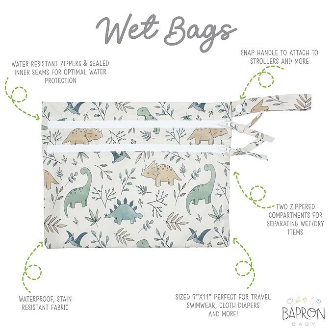 BapronBaby Foliage Dinos Wet Dry Bag - Waterproof Two Zipper Pocket - Reusable for Mealtime, Diapers, Stroller, Snacks, Swimsuits - Machine Washable - 11" x 9"