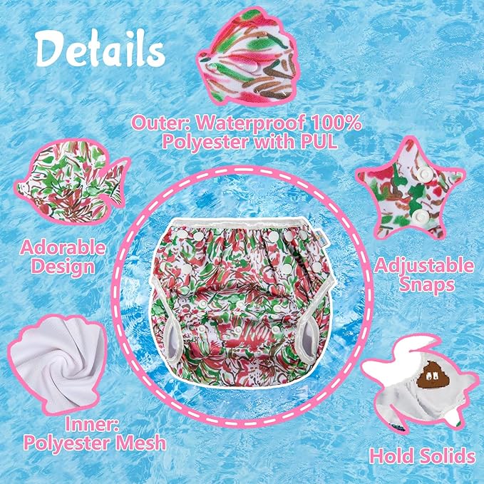 Babygoal Baby Girl Swim Diapers 3 Pack for 8M-3T Babies and Toddlers, Reusable Adjustable Washable for Swimming Lessons-Flower
