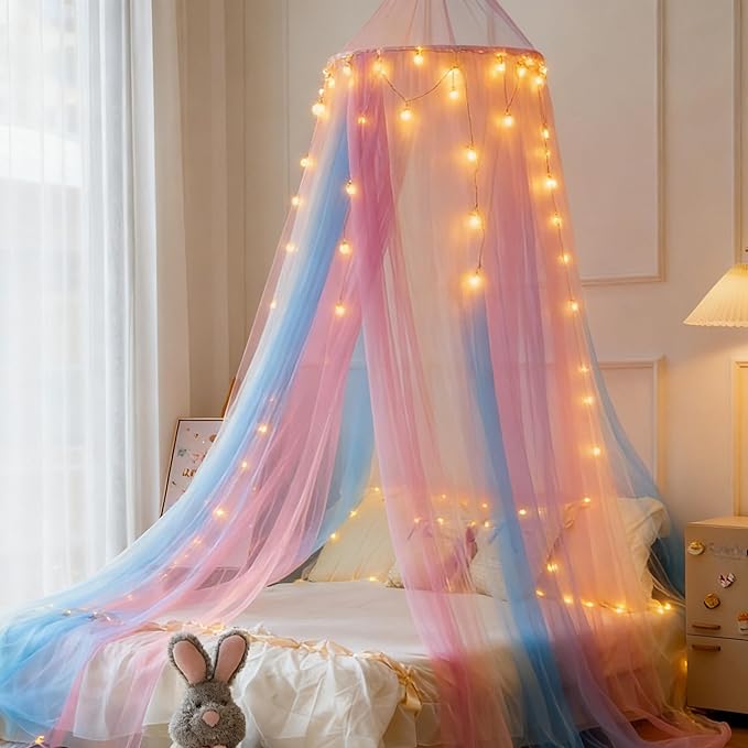 Princess Rainbow Bed Canopy with Lights for Girls Bed Net,Princess Canopy for Kids Bed Room Decor (Rainbow + Lights)