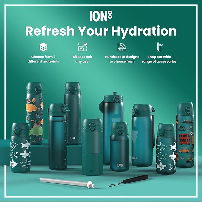 ION8 Water Bottle, 500 ml/18 oz, Leak Proof, Easy to Open, Secure Lock, Dishwasher Safe, BPA Free, Hygienic Flip Cover, Carry Handle, Fits Cup Holders, Easy Clean, Odor Free, Carbon Neutral, Aqua Blue