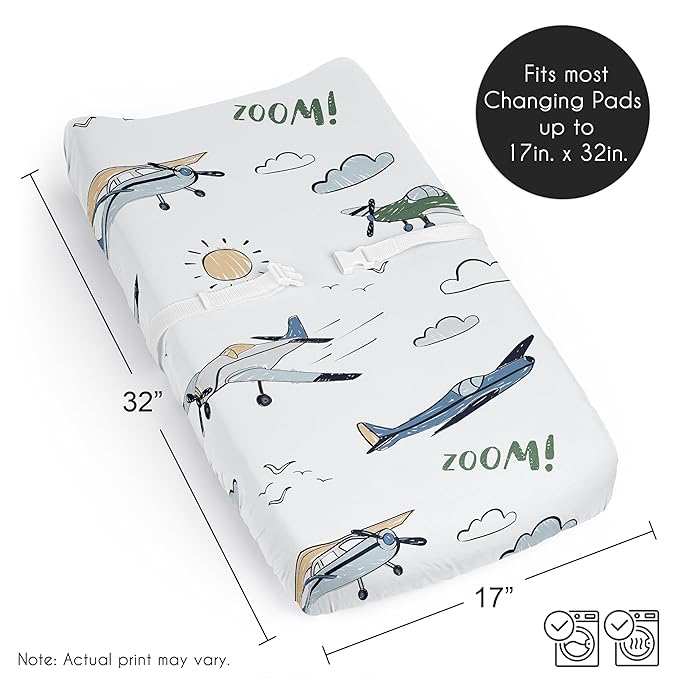 Sweet Jojo Designs Vintage Airplane Boy Baby Changing Pad Cover Sheet Infant Newborn Diaper Table Change Mat Cover Grey Green Blue White Yellow Airplanes Plane Transportation Clouds Sun Sky Aviator