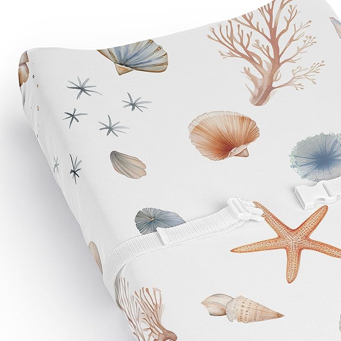 Sweet Jojo Designs Ocean Seashells Boy or Girl, Gender Neutral Baby Changing Pad Cover Sheet – Infant, Newborn, Diaper Table Change Mat Cover - Nautical, Beach Theme, Watercolor, Starfish, Coastal