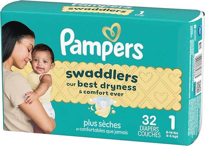 Pampers Swaddlers Diapers, Size 1 (8-14 lbs), 32 Count, Absorbent, Keeps Baby Dry and Comfortable, Skin Safe Disposable Baby Diaper (Packaging May Vary)