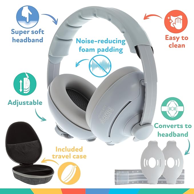 Nuby Soft Sounds 2-in-1 Noise-Canceling Baby Earmuffs with Travel Case - Adjustable Noise Protection for Infants and Toddlers - Gray
