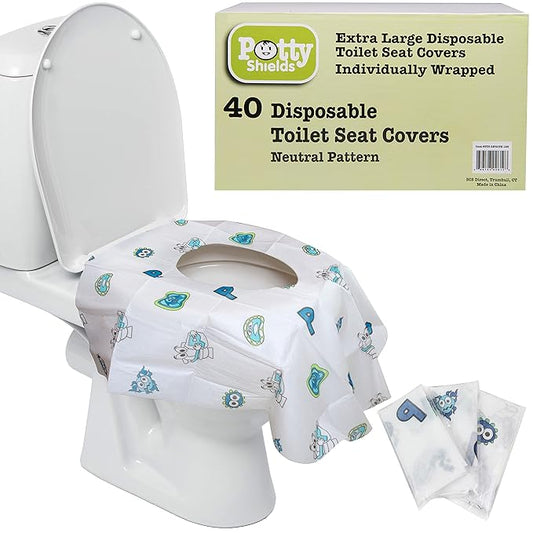 Potty Shields Toilet Seat Covers Disposable (40 Pack) - XL Waterproof Toilet Cover for Toddlers, Kids & Adults - Portable & Individually Wrapped for Travel, Potty Training, Vacations, Public Restrooms