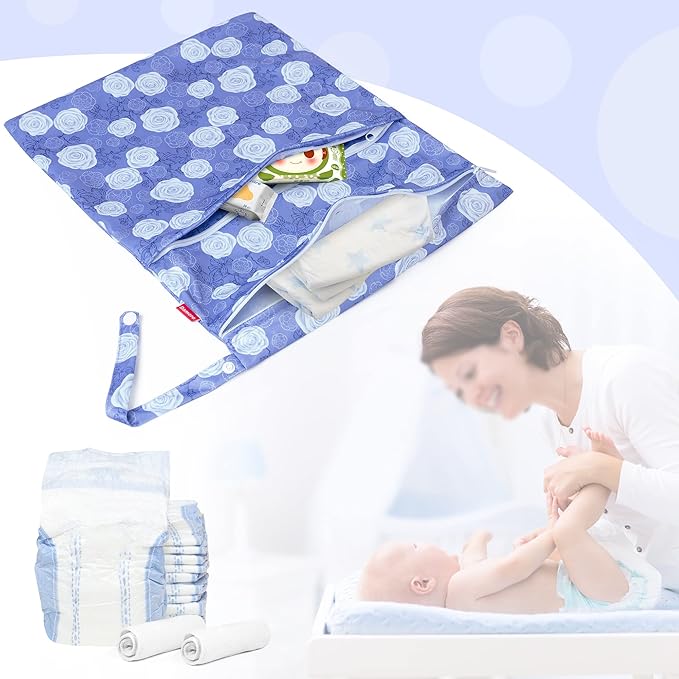 Damero 2 Pcs Wet Dry Bag for Cloth Diaper, Swimsuit, Clothes, Water-Resistant Reusable Wet Bag for Travel, Exercise, Beach, Pool, Daycare, Purple Flowers