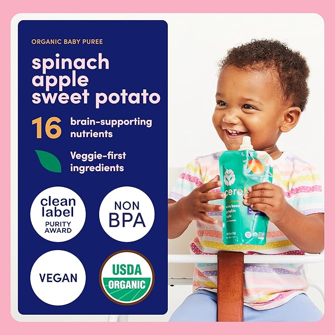 Cerebelly Organic Baby Food Pouches, Spinach Apple Sweet Potato Purees, 16 Nutrients, No Added Sugar, Fiber & Non-GMO, 4oz, 12 Pack