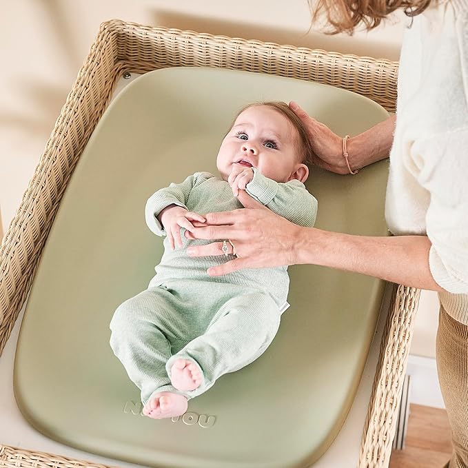 Nattou Softy Changing Pad - Wipeable Baby Changing Mat- Durable, Water-Resistant, Cocoon Shape with Honeycomb Bottom Grips BPA-Free, Assimilates Room Temperature - Green