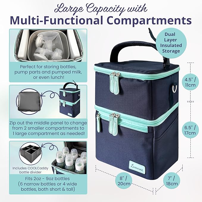 COOL Bundle Insulated Breast Milk Dual Layer Cooler Bag (Navy/Light Blue), Set of 4 ICE Slim Design Reusable Ice Packs, & BPA Free Dishwasher Safe PumpPartment Box Pumping Moms Bottles Daycare