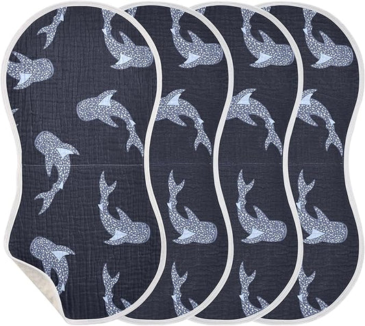 Sea Whale Sharks Burp Cloths Baby Boys Girls Absorbent Soft Cotton Burping Cloths Rags 4 Pack