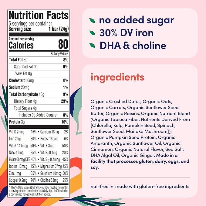 Cerebelly Organic Toddler Smart Bars 40-Count, Carrot Date Smart Bars, 16 Brain-Supporting Nutrients, No Added Sugar, Gluten Free, Nut Free, Kids Snacks