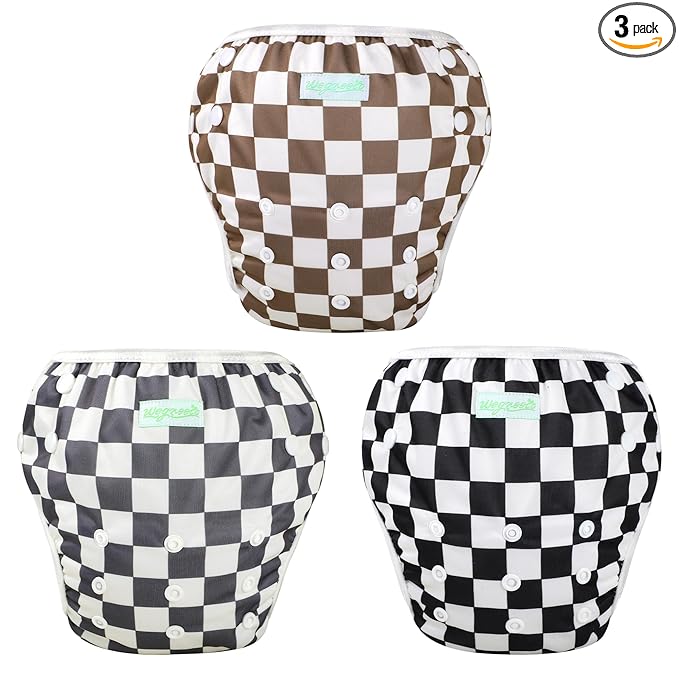 wegreeco Baby & Toddler Snap One Size Adjustable Reusable Baby Swim Diaper (Black, Grey, Dark Coffee Checkerboard,Small,3 Pack)