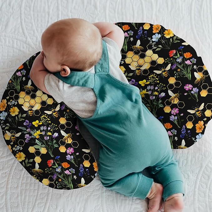 Boho Wildflower Bees Honeycomb Baby Nursing Pillow Covers for Boy Girl Watercolor Honeybee Floral Nursing Slipcovers for Breastfeeding Pillows Summer Soft Stretchy Removable Cover for Newborn Infant