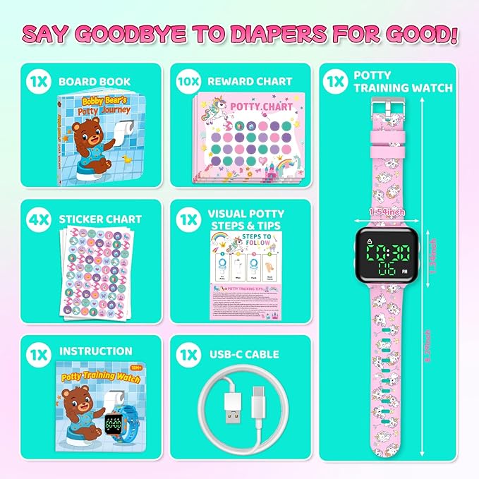 Potty Training Watch & Chart & Book for Kids: Upgrade 3 in 1 Toddler Potty Training Kit Rechargeable Toilet Reminder Unicorn Potty Training Chart with Reward Stickers for Toddler Girls (Pink)