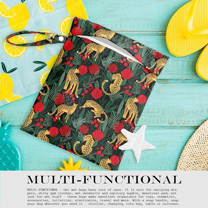 Wet Dry Bag, Wet Bag for Swimsuit, Travel, Beach, Pool, Diapers, Dirty Gym Clothes, Makeup Bag, Camping Accessories, Waterproof Reusable Jungle Tropical Leaves Cheetah Print