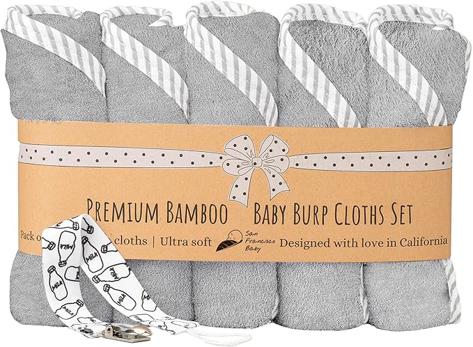 San Francisco Baby Burp Cloths for Boys & Girls, 5-Pack with Pacifier Clip - Bibs & Burping Cloths, Spit-Up Rags, Neutral Burp Rags - Gray