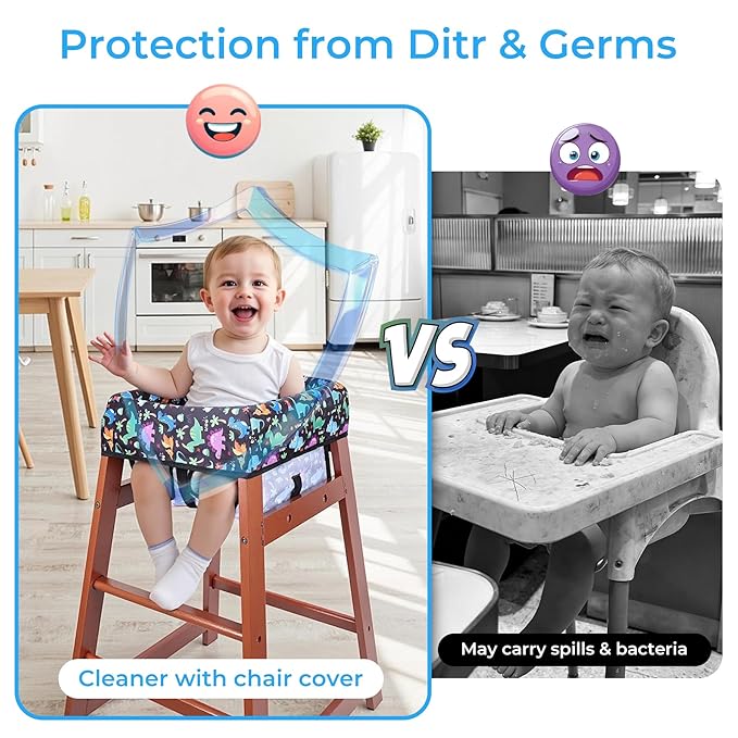 COOLBEBE Baby High Chair Cover with 3-Point Harness, Waterproof & Machine Washable Portable Seat Cover, Fits Wooden Chairs for Restaurant, Travel, Home & Dining Out, Black Dinosaur