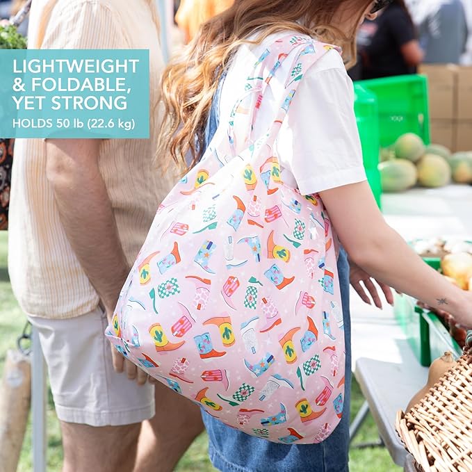 Bumkins Reusable Grocery Shopping Tote Bag for Women, Large Boho Style with Handles, Foldable, Washable, Shoulder Straps
