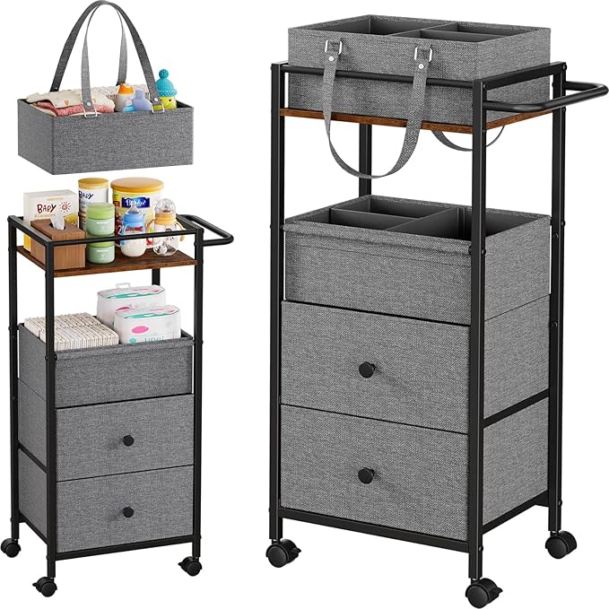 Modanais Baby Diaper Caddy Organizer Cart with Drawers - 3In1 Rolling Storage Cart with Wheels, Removable Diaper Caddy, Detachable Dividers - for Crib, Bedroom, Art & Craft Organizer (Black)