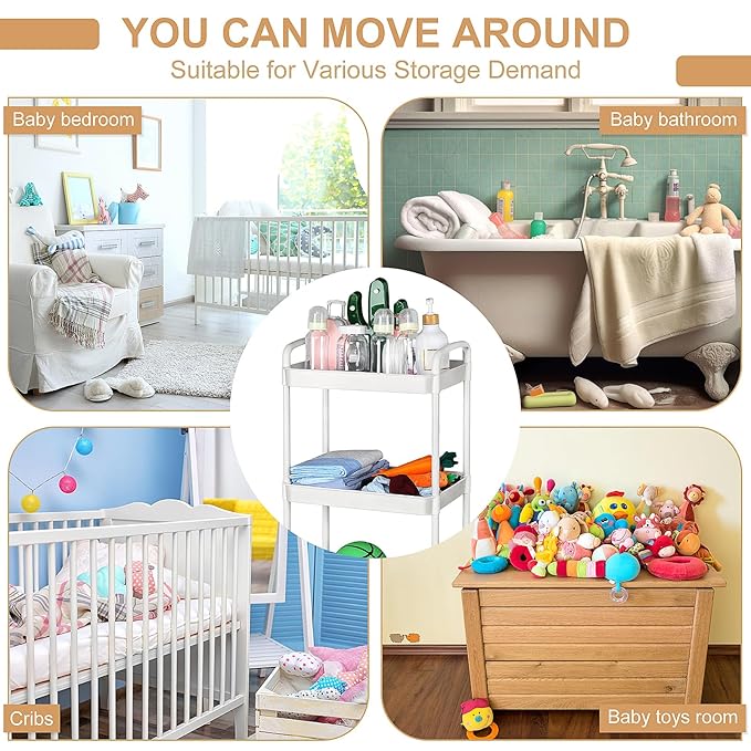 Barydat Baby Diaper Cart 4-Tier Movable Diaper Caddy Organizer Rolling Plastic with Wheels White Essentials Baby Storage Organizer for Hanging Table Crib Bedroom Bathroom
