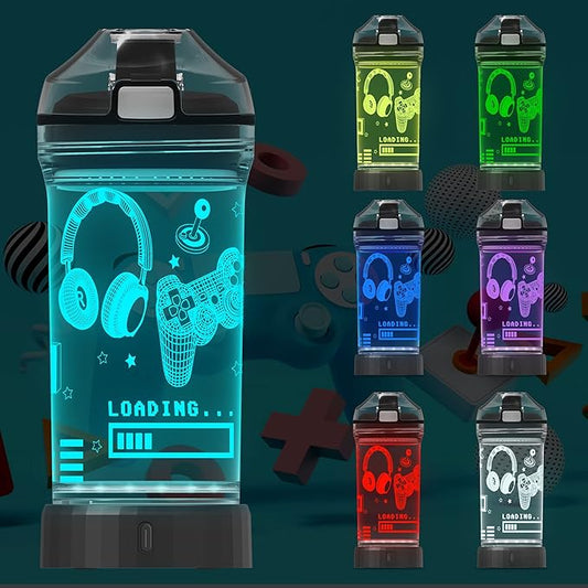 Attivolife Game Water Bottle for Kids, 3D Illusion LED Light with 7 Color Changing Light - 14 0z BPA Free - Creative Ideal Camping Picnic Travel Cup Gamer Gifts, Back to School for Boys Child Holiday