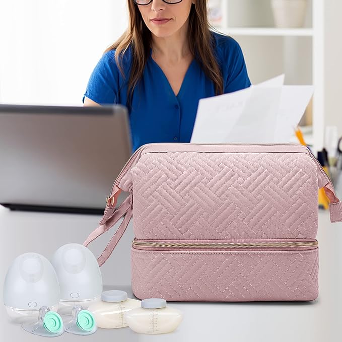Fasrom Wearable Breast Pump Bag Compatible with Momcozy, Medela and Elvie Pumps, Double Layer Pump Carrying Case with Waterproof Mat and Insulated Pockets for Working Moms, Pink (Bag Only)