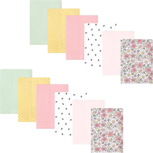 Hudson Baby Unisex Baby Flannel Burp Cloth 12pk, Pink Yellow Pretty Floral, One Size