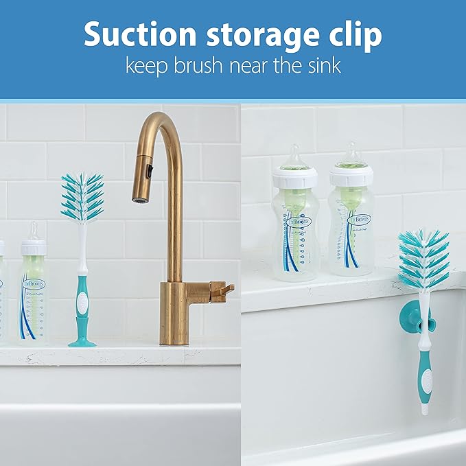Dr. Brown's Deluxe Bottle Brush for Cleaning Baby Bottles, Nipples, and Sippy Cups with Suction Cup Stand and Vent Brush, BPA-Free, Blue, 3-Pack
