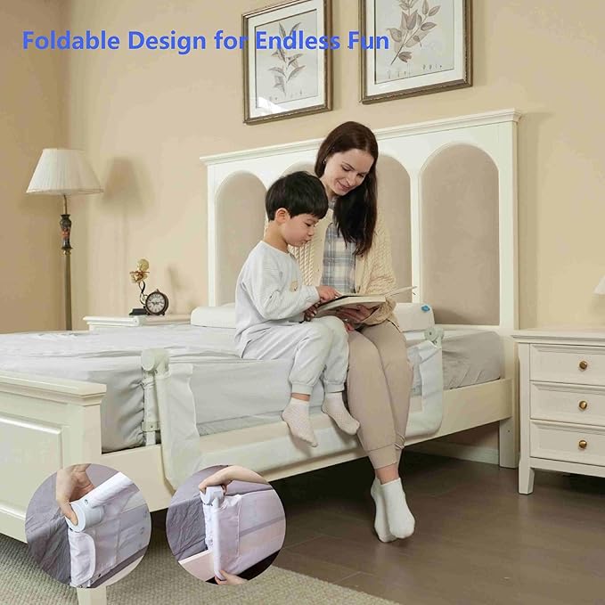 Grelife Foldable Bed Rail for Toddlers, Tall Toddler Bed Rails for Twin, Full, Queen Bed, Baby Bed Rail Guard with Reinforced Metal Frame & Breathable Mesh (1, pearlwhite, 43.0")