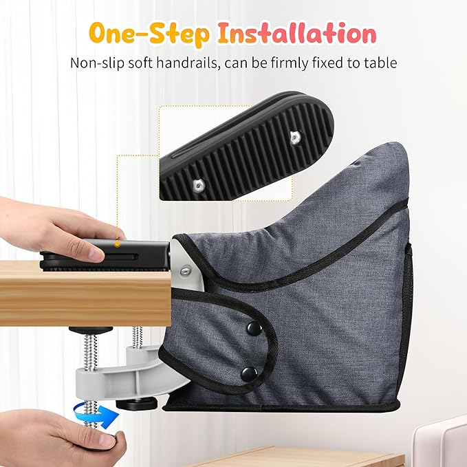 Hook On High Chair with Removable Tray for Babies 6-36 Months | Secure & Portable Foldable Travel High Chair | Clip On Baby Feeding Seat with Non-Slip Aluminum Clamp, Washable Cover & Carry Bag (Grey)