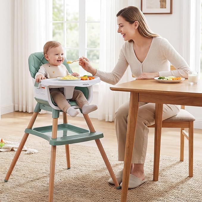 BABY JOY 8-in-1 High Chair, Convertible Wooden Highchairs for Babies and Toddlers | Dining Booster Seat | Toddler Stool, Double Removable Tray, 5-Point Safety Harness & Waterproof PU Cushion (Green)