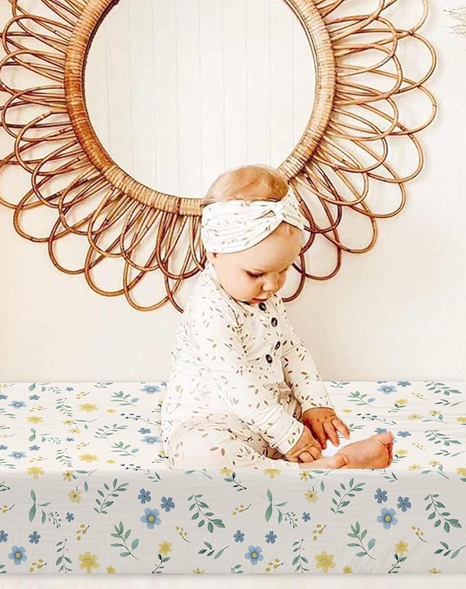 Changing Pad Cover for Baby Girls Boys, Muslin Changing Table Pad Covers with Boho Style, Neutral Color Soft and Breathable (Spring Garden)
