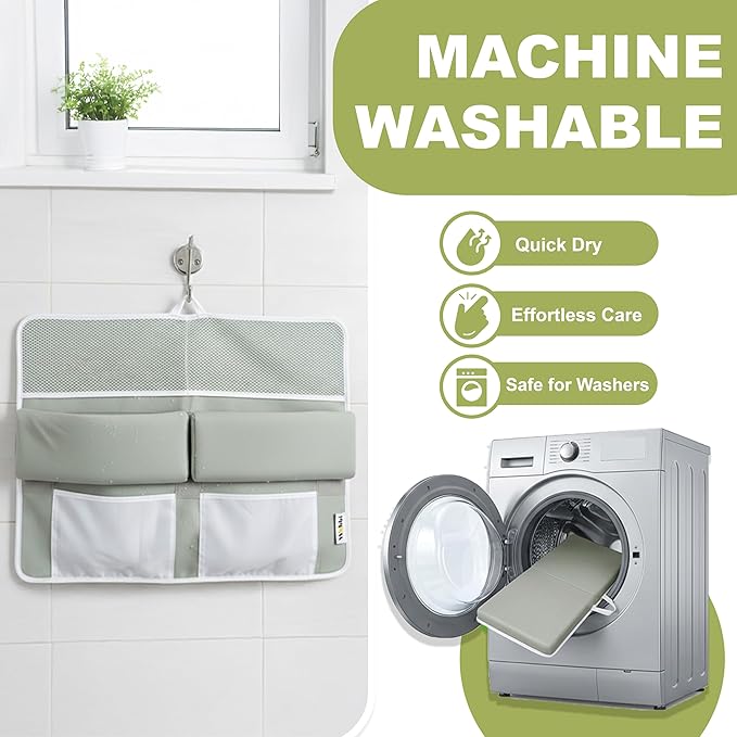 Wobbi Baby Bath Kneeler and Elbow Rest Pad Set - 1.5" Thick Memory Foam Knee Pad for Bathing Babies - 6 Suction Cups Non Slip Bath Kneeling pad with Toy Storage - Foldable & Quick Drying (Green)