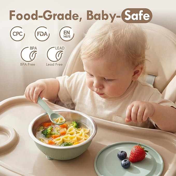 Moonkie Baby Suction Bowls for Self-Feeding: 3 Strong Suction Bases Prevent Spills - Seamless One-Piece Design for Easy Cleanup - Stainless Steel & Silicone Toddler Bowls with Lids - 13 oz 4 Pack